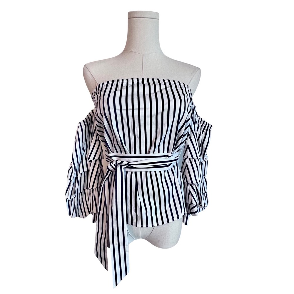 Here Comes The Sun Striped Off The Shoulder Ruffle Sleeve Tie Waist Top 
6, NWT